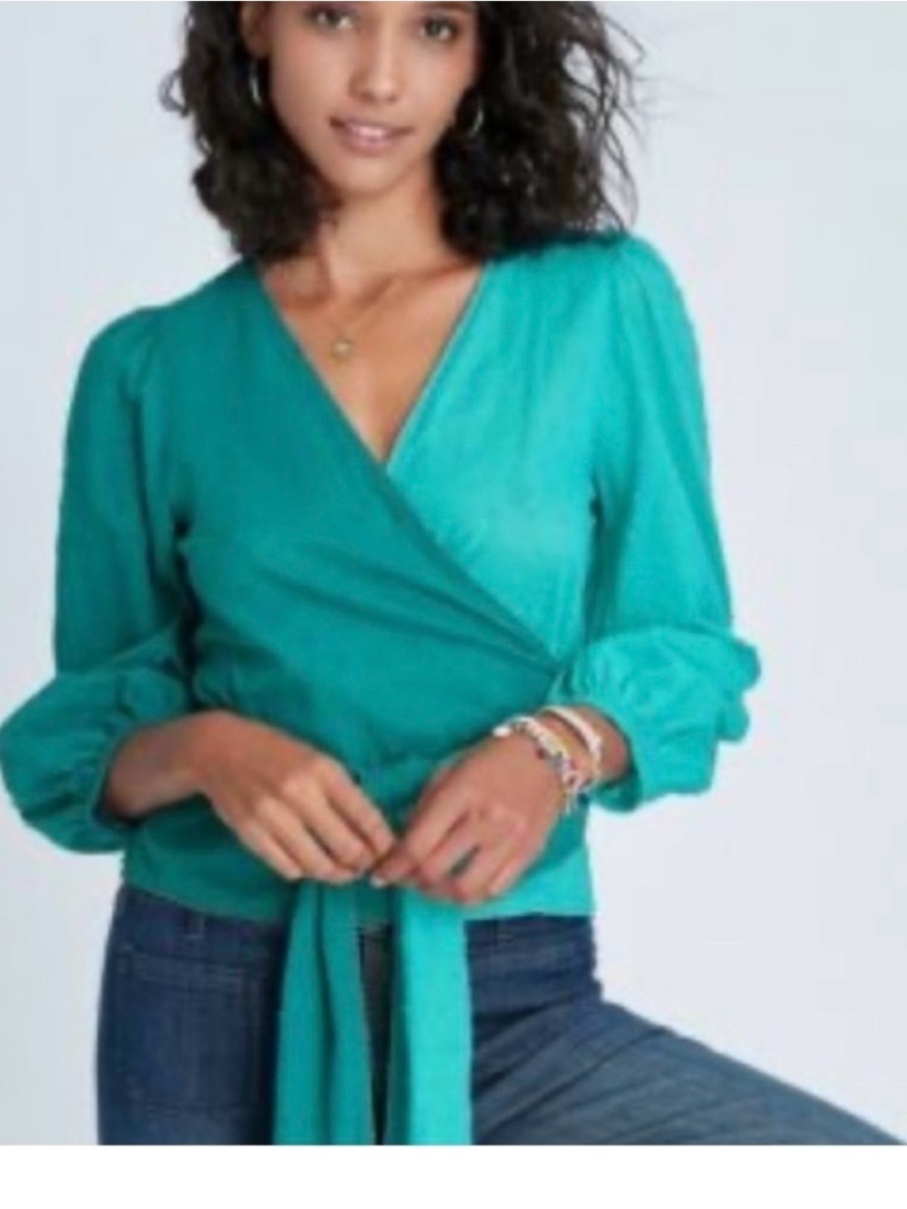 FARM Rio Teal Wrap Blouse with Tie Front